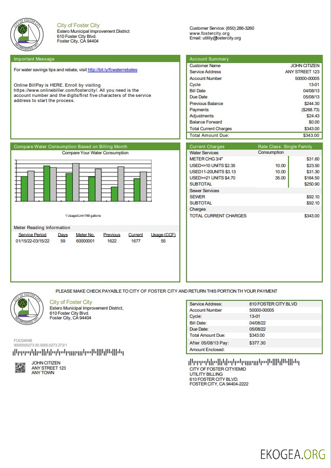 USA California City of Foster City utility bill template in Word and PDF format